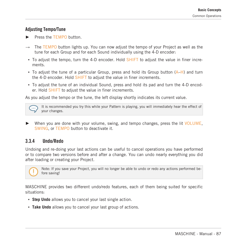 Undo/redo, Adjusting tempo/tune, 4 undo/redo | Native Instruments MASCHINE MK3 Groove Production Studio (Black) User Manual | Page 87 / 976