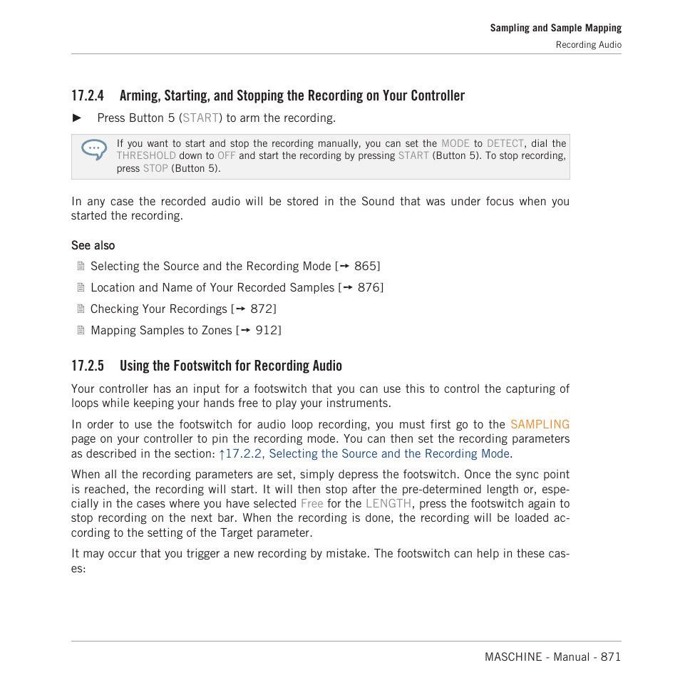 Using the footswitch for recording audio, 5, using the footswitch for recording audio, 5 using the footswitch for recording audio | Native Instruments MASCHINE MK3 Groove Production Studio (Black) User Manual | Page 871 / 976