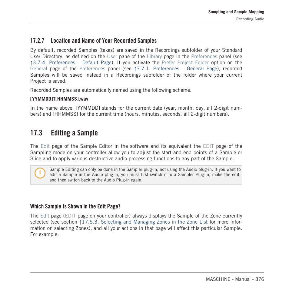 Location and name of your recorded samples, Editing a sample, 3, editing a sam | 3, editing a, Sample, 7, location, And name of your recorded samples, 3 editing a sample, 7 location and name of your recorded samples, Which sample is shown in the edit page | Native Instruments MASCHINE MK3 Groove Production Studio (Black) User Manual | Page 876 / 976