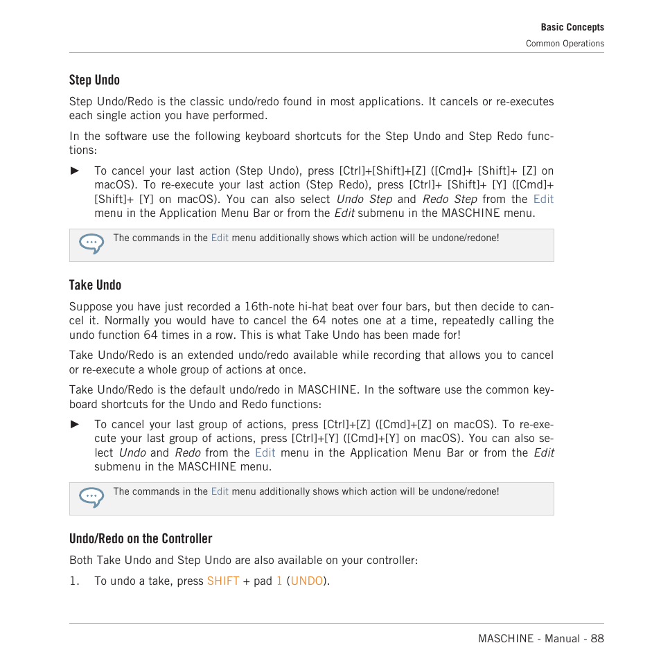 Step undo, Take undo, Undo/redo on the controller | Native Instruments MASCHINE MK3 Groove Production Studio (Black) User Manual | Page 88 / 976