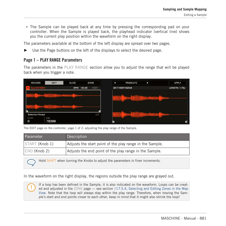 Page 1 – play range parameters | Native Instruments MASCHINE MK3 Groove Production Studio (Black) User Manual | Page 881 / 976