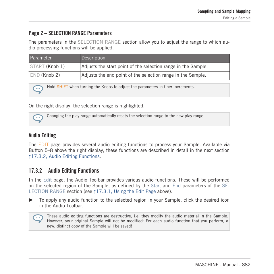 Audio editing functions, 2, audio editing functions, Below | Page 2 – selection range parameters, Audio editing, 2 audio editing functions | Native Instruments MASCHINE MK3 Groove Production Studio (Black) User Manual | Page 882 / 976