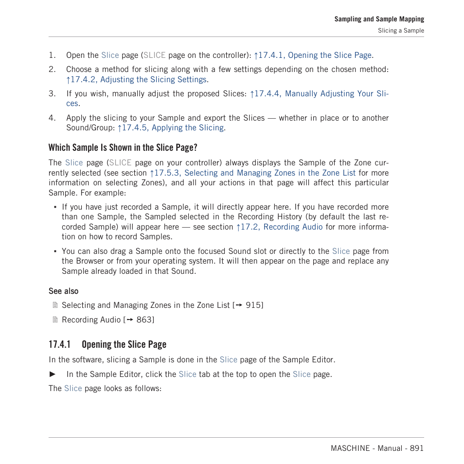 Which sample is shown in the slice page, 1 opening the slice page | Native Instruments MASCHINE MK3 Groove Production Studio (Black) User Manual | Page 891 / 976