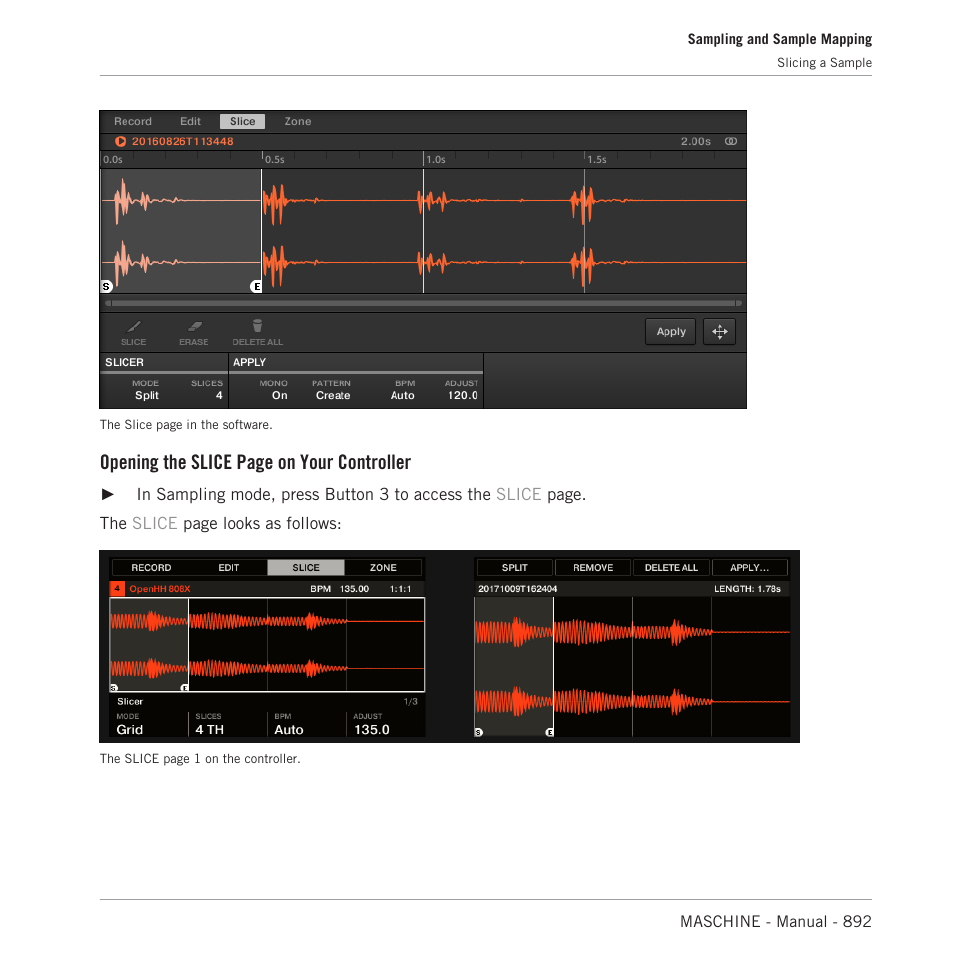 Opening the slice page on your controller | Native Instruments MASCHINE MK3 Groove Production Studio (Black) User Manual | Page 892 / 976