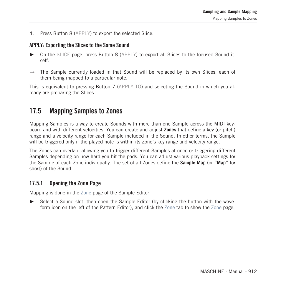 Mapping samples to zones, Ually, 5, mapping samples to zones | 5 mapping samples to zones, Apply: exporting the slices to the same sound, 1 opening the zone page | Native Instruments MASCHINE MK3 Groove Production Studio (Black) User Manual | Page 912 / 976