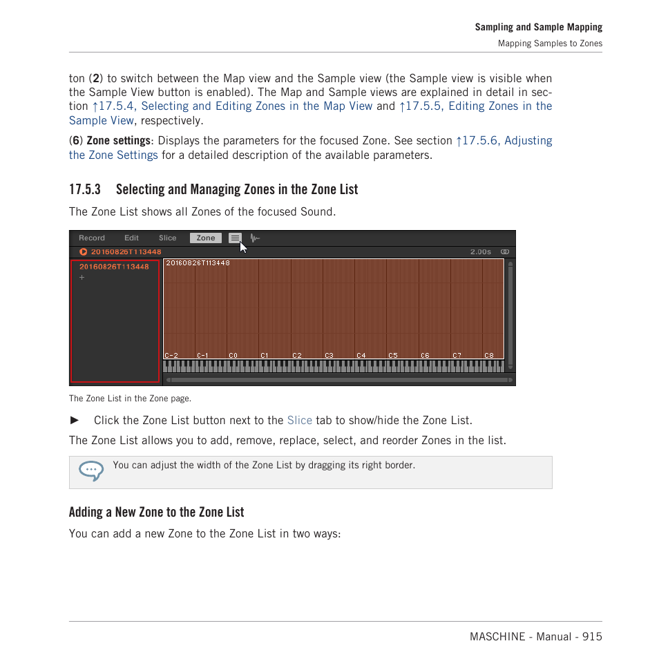 Selecting and managing zones in the zone list, 3, selecting and managing zones in the zone list, 3 selecting and managing zones in the zone list | Adding a new zone to the zone list | Native Instruments MASCHINE MK3 Groove Production Studio (Black) User Manual | Page 915 / 976