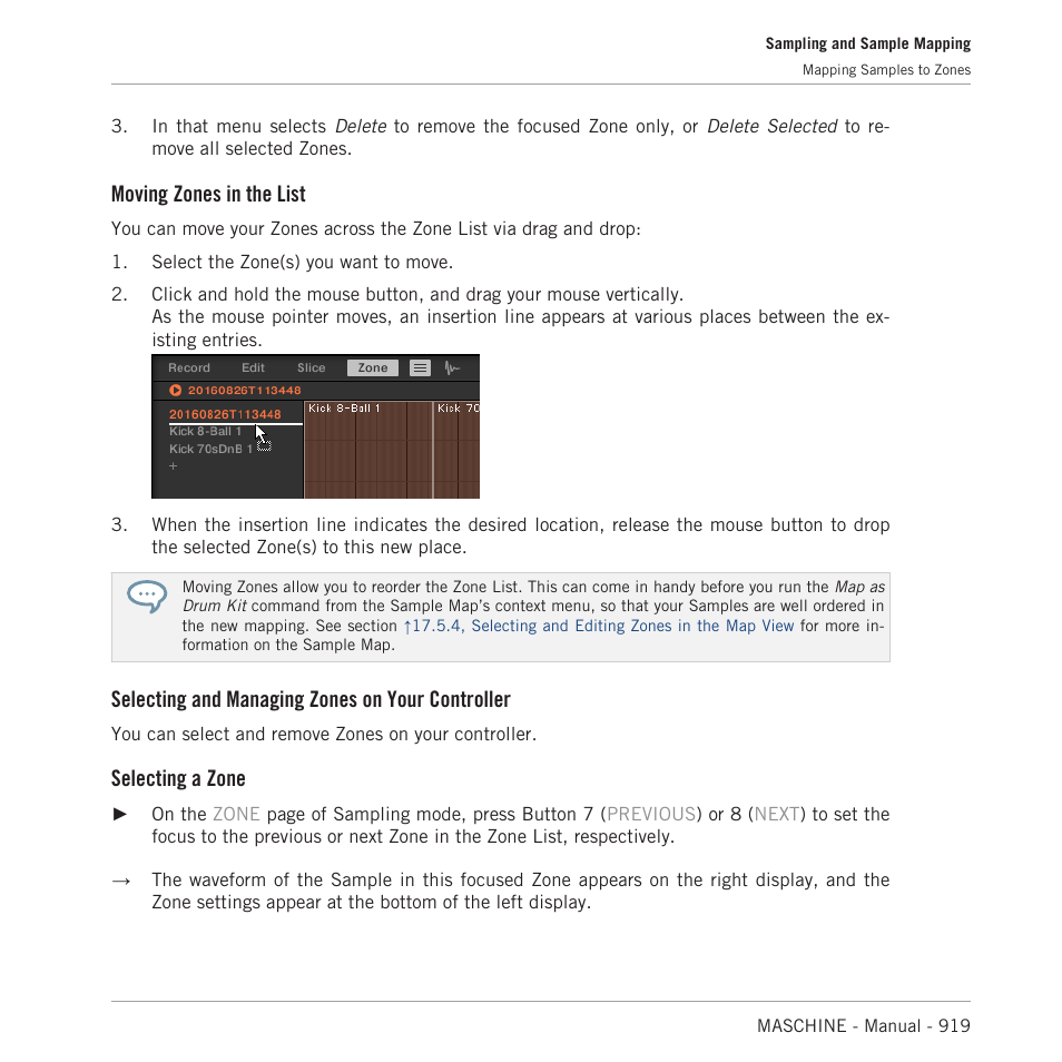 Moving zones in the list, Selecting and managing zones on your controller, Selecting a zone | Native Instruments MASCHINE MK3 Groove Production Studio (Black) User Manual | Page 919 / 976