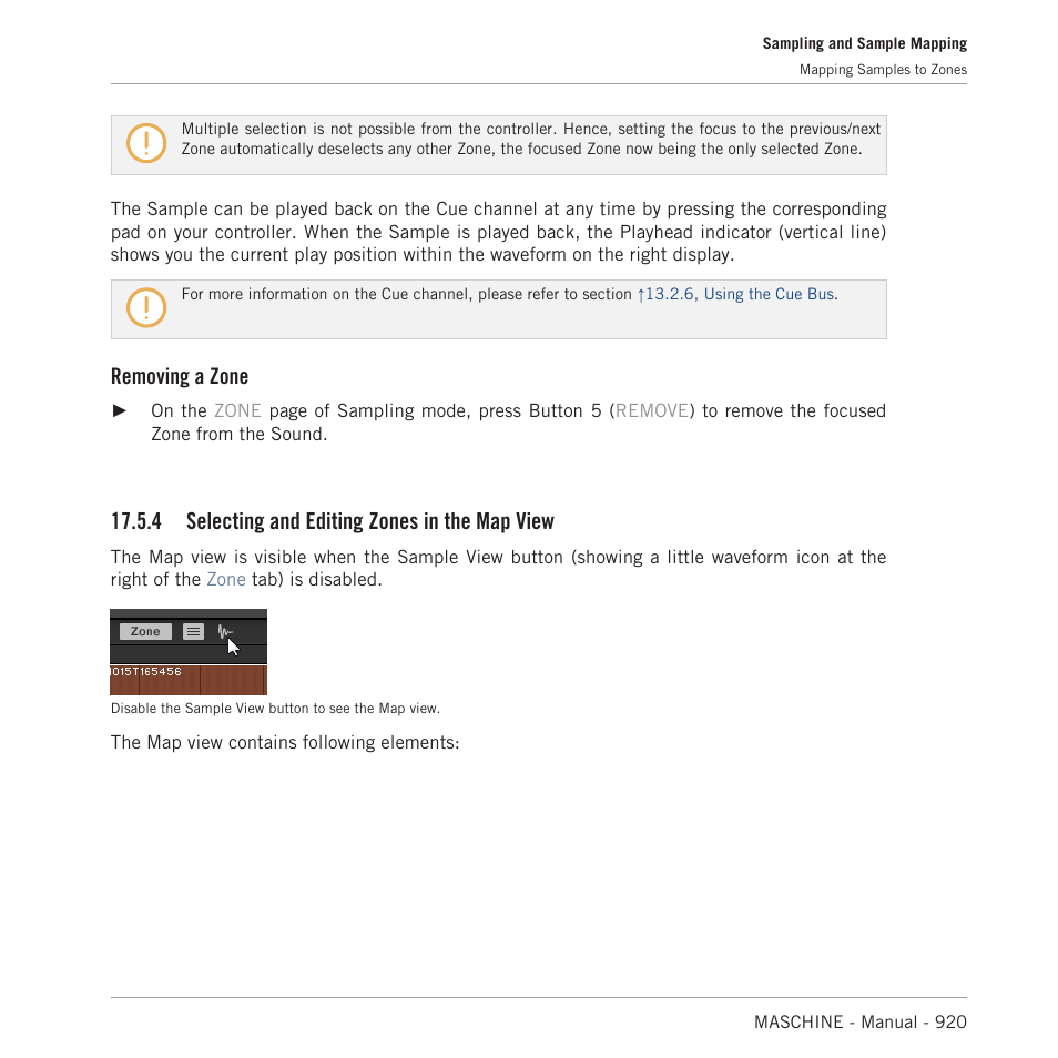 Selecting and editing zones in the map view, Section, 4, selecting and editing zones in the map | View, 4, selecting and editing zones in the map view, Removing a zone, 4 selecting and editing zones in the map view | Native Instruments MASCHINE MK3 Groove Production Studio (Black) User Manual | Page 920 / 976