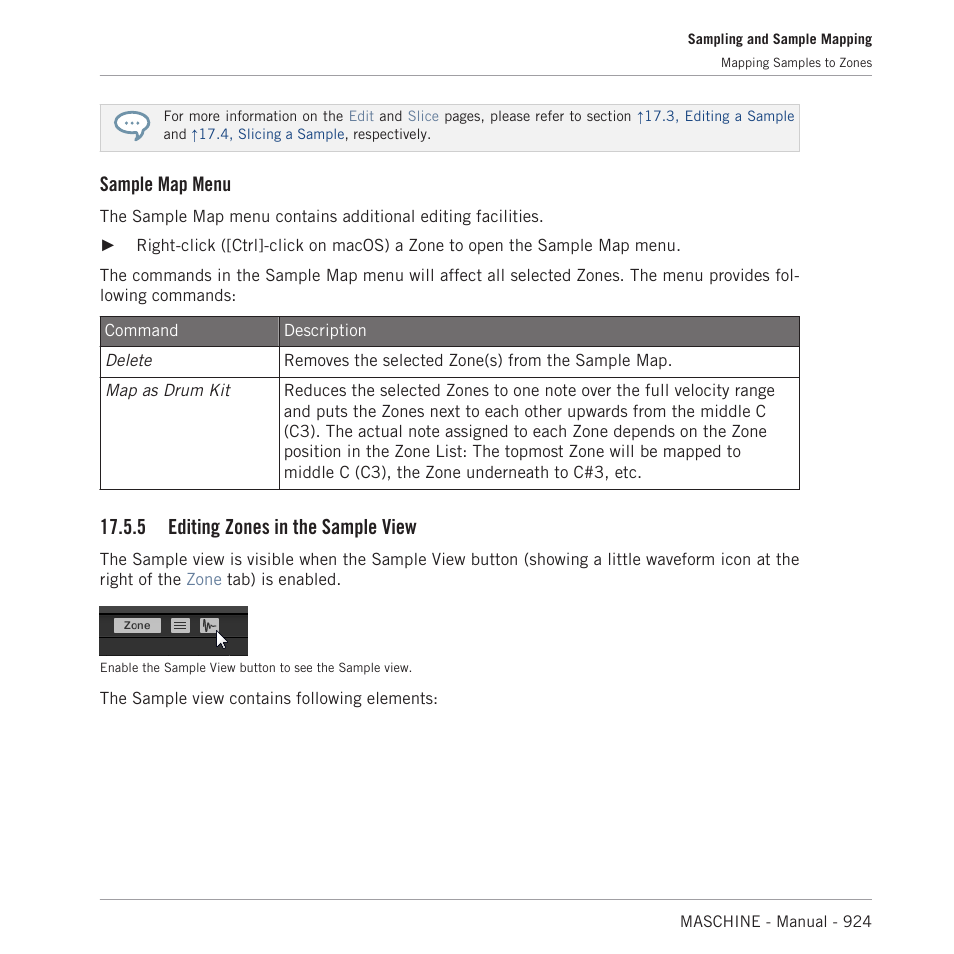 Editing zones in the sample view, 5, editing zones in the, Sample view | Respectively, Sample map menu, 5 editing zones in the sample view | Native Instruments MASCHINE MK3 Groove Production Studio (Black) User Manual | Page 924 / 976