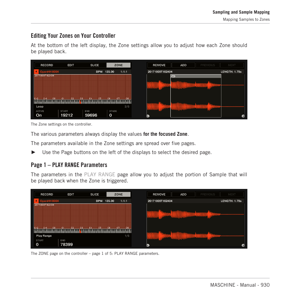 Editing your zones on your controller, Page 1 – play range parameters | Native Instruments MASCHINE MK3 Groove Production Studio (Black) User Manual | Page 930 / 976