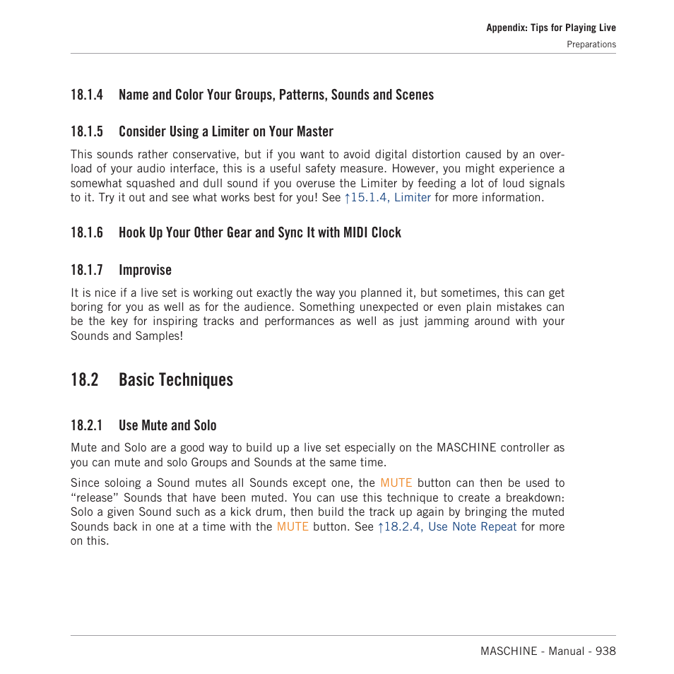 Consider using a limiter on your master, Improvise, Basic techniques | Use mute and solo, 2 basic techniques, 5 consider using a limiter on your master, 7 improvise, 1 use mute and solo | Native Instruments MASCHINE MK3 Groove Production Studio (Black) User Manual | Page 938 / 976