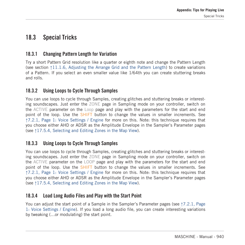 Special tricks, Changing pattern length for variation, Using loops to cycle through samples | 3 special tricks, 1 changing pattern length for variation, 2 using loops to cycle through samples, 3 using loops to cycle through samples | Native Instruments MASCHINE MK3 Groove Production Studio (Black) User Manual | Page 940 / 976