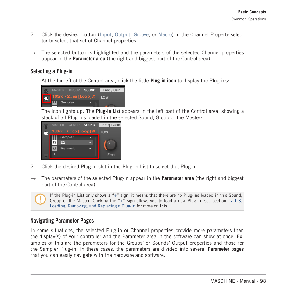 Selecting a plug-in, Navigating parameter pages | Native Instruments MASCHINE MK3 Groove Production Studio (Black) User Manual | Page 98 / 976