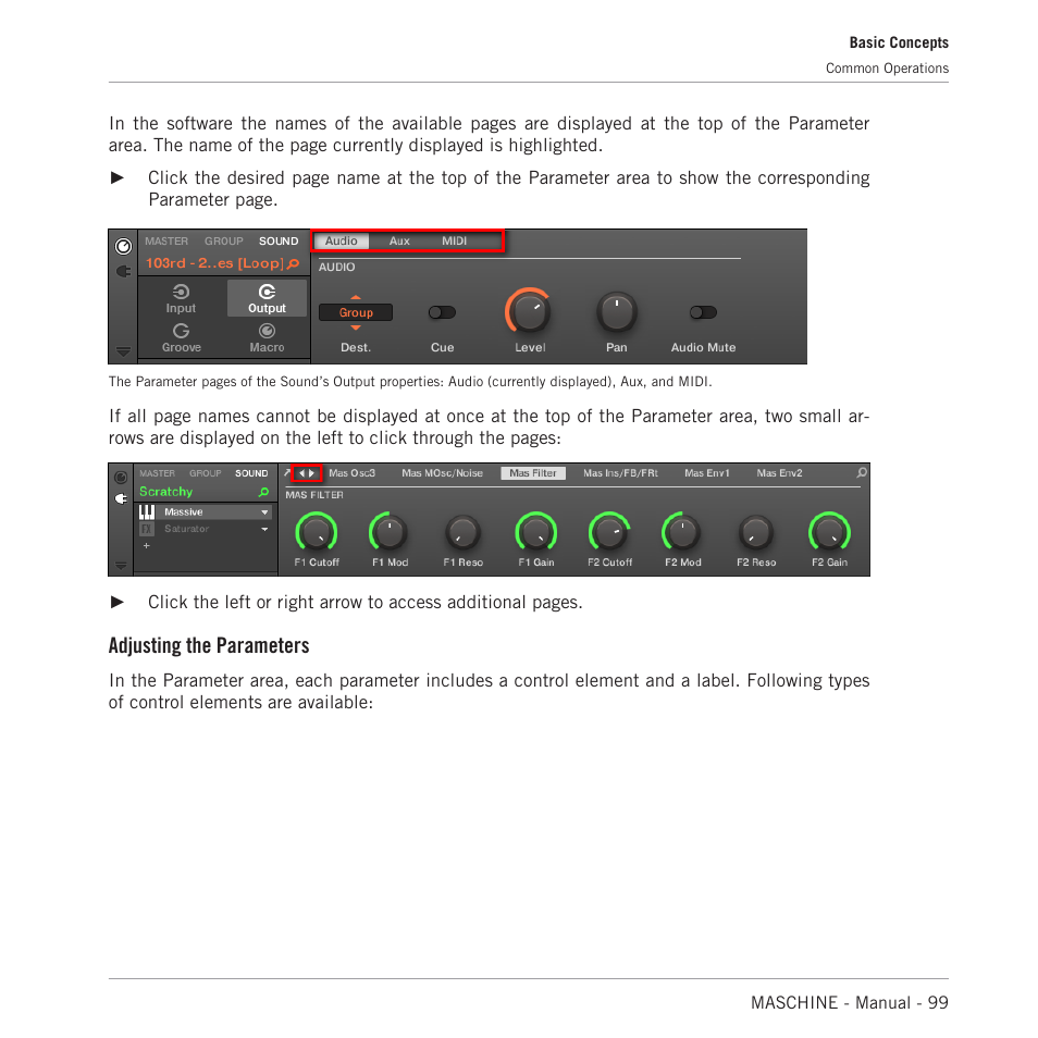 Adjusting the parameters | Native Instruments MASCHINE MK3 Groove Production Studio (Black) User Manual | Page 99 / 976