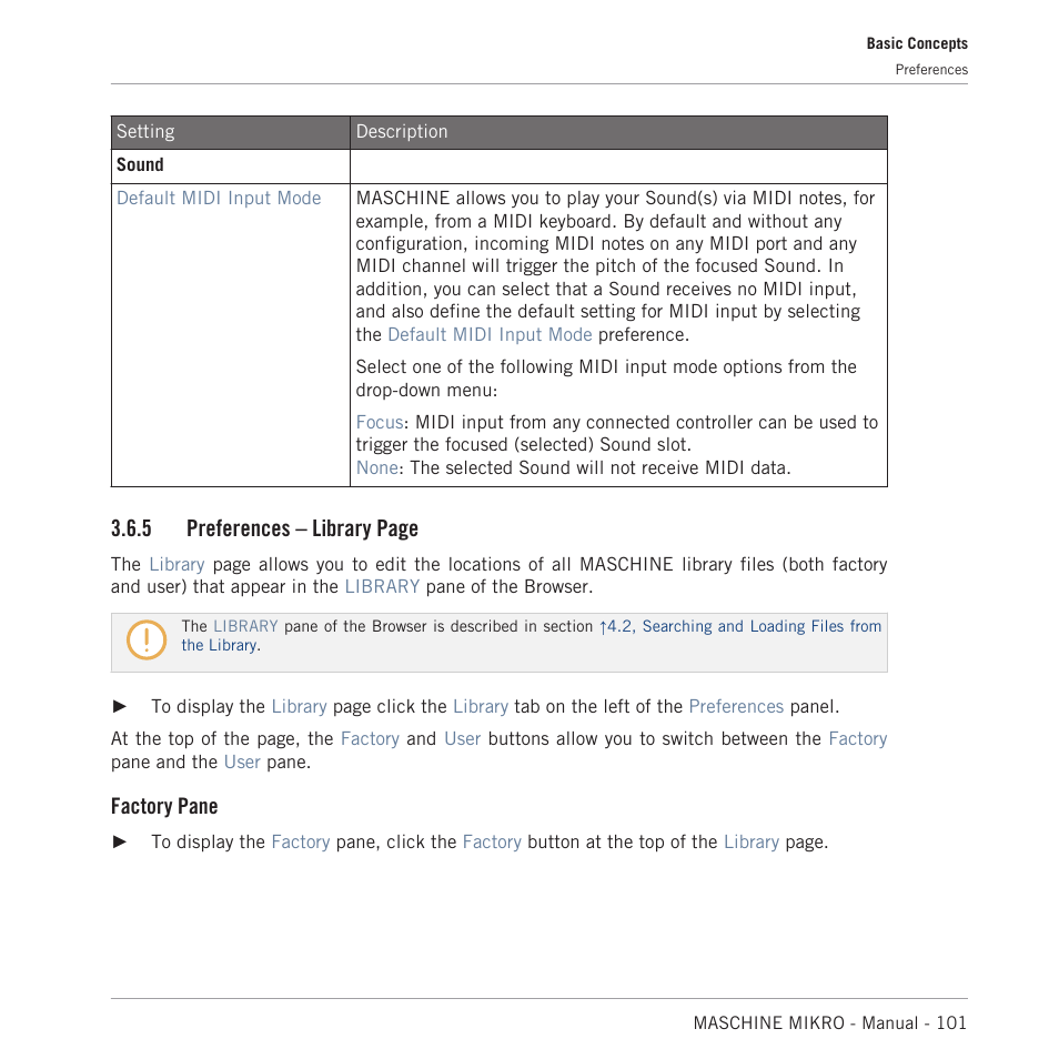 5 preferences – library page, Factory pane | Native Instruments MASCHINE MIKRO MK3 Groove Production Studio (Black) User Manual | Page 101 / 807