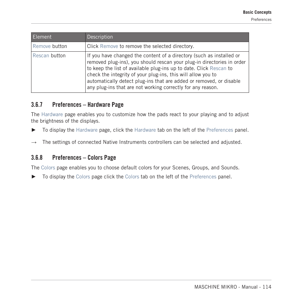 7 preferences – hardware page, 8 preferences – colors page | Native Instruments MASCHINE MIKRO MK3 Groove Production Studio (Black) User Manual | Page 114 / 807