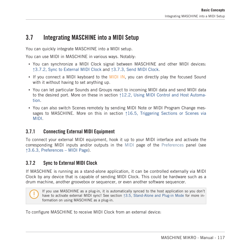 Integrating maschine into a midi setup, Connecting external midi equipment, Sync to external midi clock | 7 integrating maschine into a midi setup, 1 connecting external midi equipment, 2 sync to external midi clock | Native Instruments MASCHINE MIKRO MK3 Groove Production Studio (Black) User Manual | Page 117 / 807