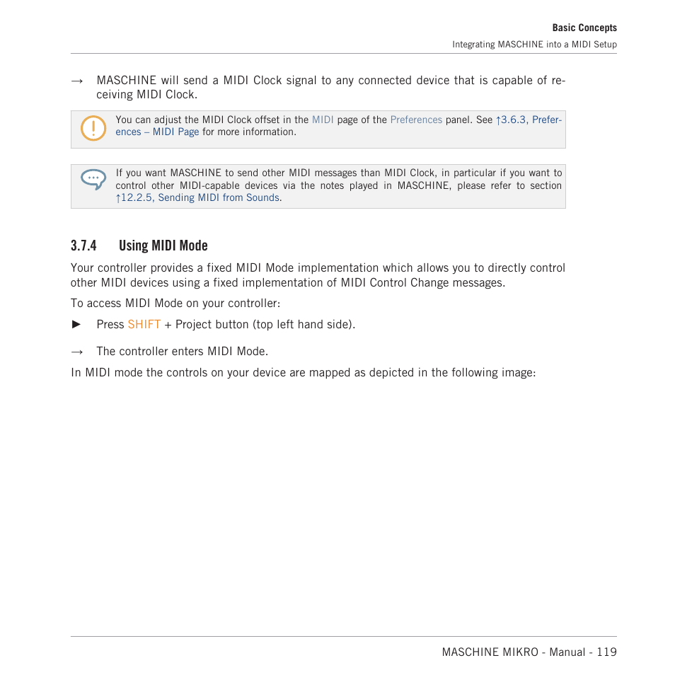 Using midi mode, 4, using, Midi mode | 4 using midi mode | Native Instruments MASCHINE MIKRO MK3 Groove Production Studio (Black) User Manual | Page 119 / 807