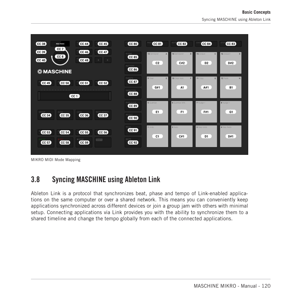 Syncing maschine using ableton link, Link please refer to section, 8, syncing maschine using | Ableton link, 8 syncing maschine using ableton link | Native Instruments MASCHINE MIKRO MK3 Groove Production Studio (Black) User Manual | Page 120 / 807