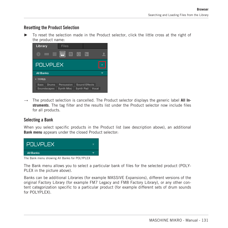 Resetting the product selection, Selecting a bank | Native Instruments MASCHINE MIKRO MK3 Groove Production Studio (Black) User Manual | Page 131 / 807