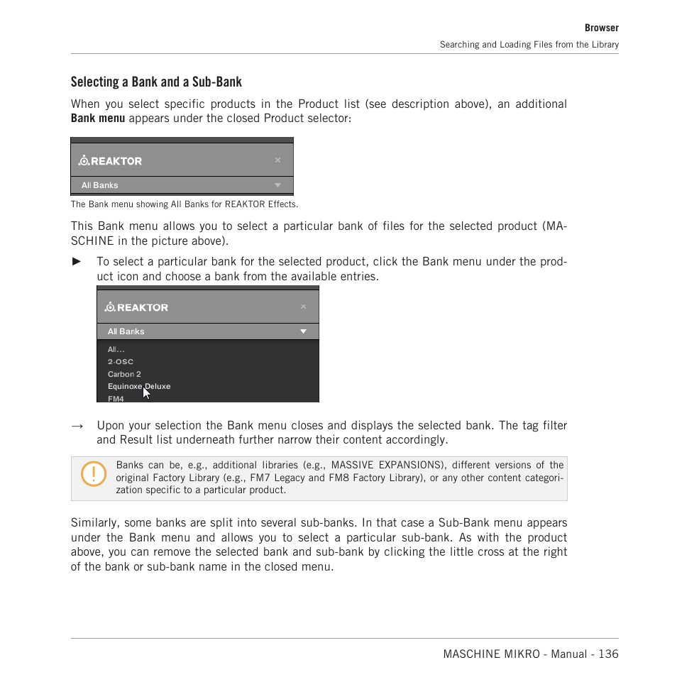 Selecting a bank and a sub-bank | Native Instruments MASCHINE MIKRO MK3 Groove Production Studio (Black) User Manual | Page 136 / 807