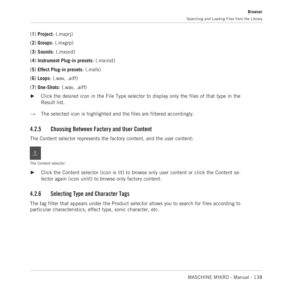 Choosing between factory and user content, Selecting type and character tags, 6, selecting | Type and character tags, 5, choosing between factory and user con, Tent, Section, 6, selecting type and character tags, Applied character tags. see section, 5 choosing between factory and user content | Native Instruments MASCHINE MIKRO MK3 Groove Production Studio (Black) User Manual | Page 138 / 807