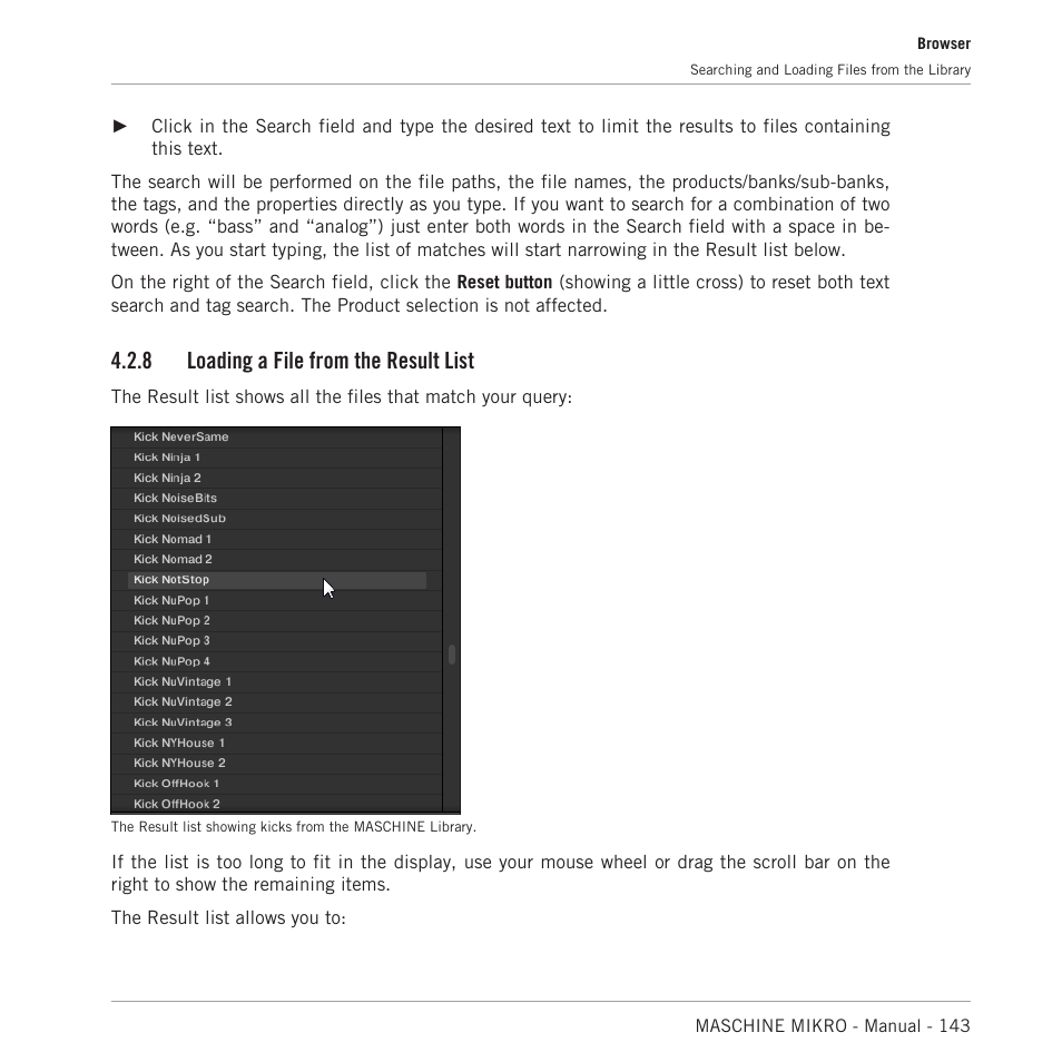 Loading a file from the result list, Ous tools above. see section, 8, loading a file from the result list | 8 loading a file from the result list | Native Instruments MASCHINE MIKRO MK3 Groove Production Studio (Black) User Manual | Page 143 / 807