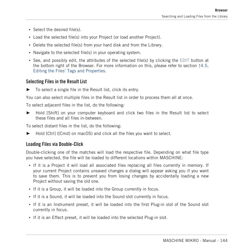 Selecting files in the result list, Loading files via double-click | Native Instruments MASCHINE MIKRO MK3 Groove Production Studio (Black) User Manual | Page 144 / 807