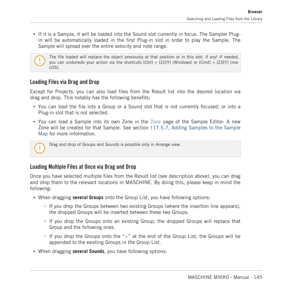 Loading files via drag and drop, Loading multiple files at once via drag and drop | Native Instruments MASCHINE MIKRO MK3 Groove Production Studio (Black) User Manual | Page 145 / 807