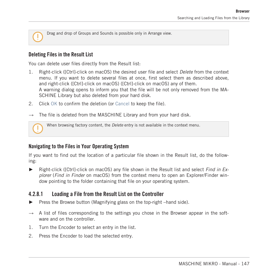 Deleting files in the result list, Navigating to the files in your operating system | Native Instruments MASCHINE MIKRO MK3 Groove Production Studio (Black) User Manual | Page 147 / 807
