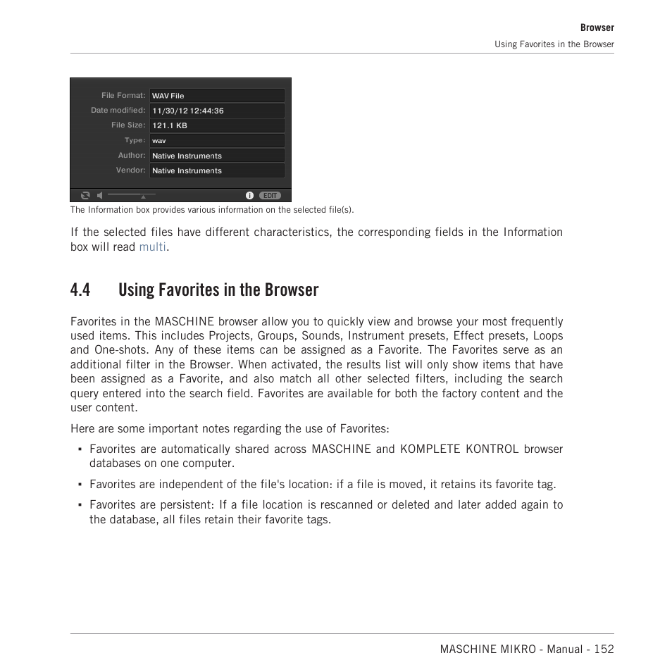 Using favorites in the browser, 4 using favorites in the browser | Native Instruments MASCHINE MIKRO MK3 Groove Production Studio (Black) User Manual | Page 152 / 807