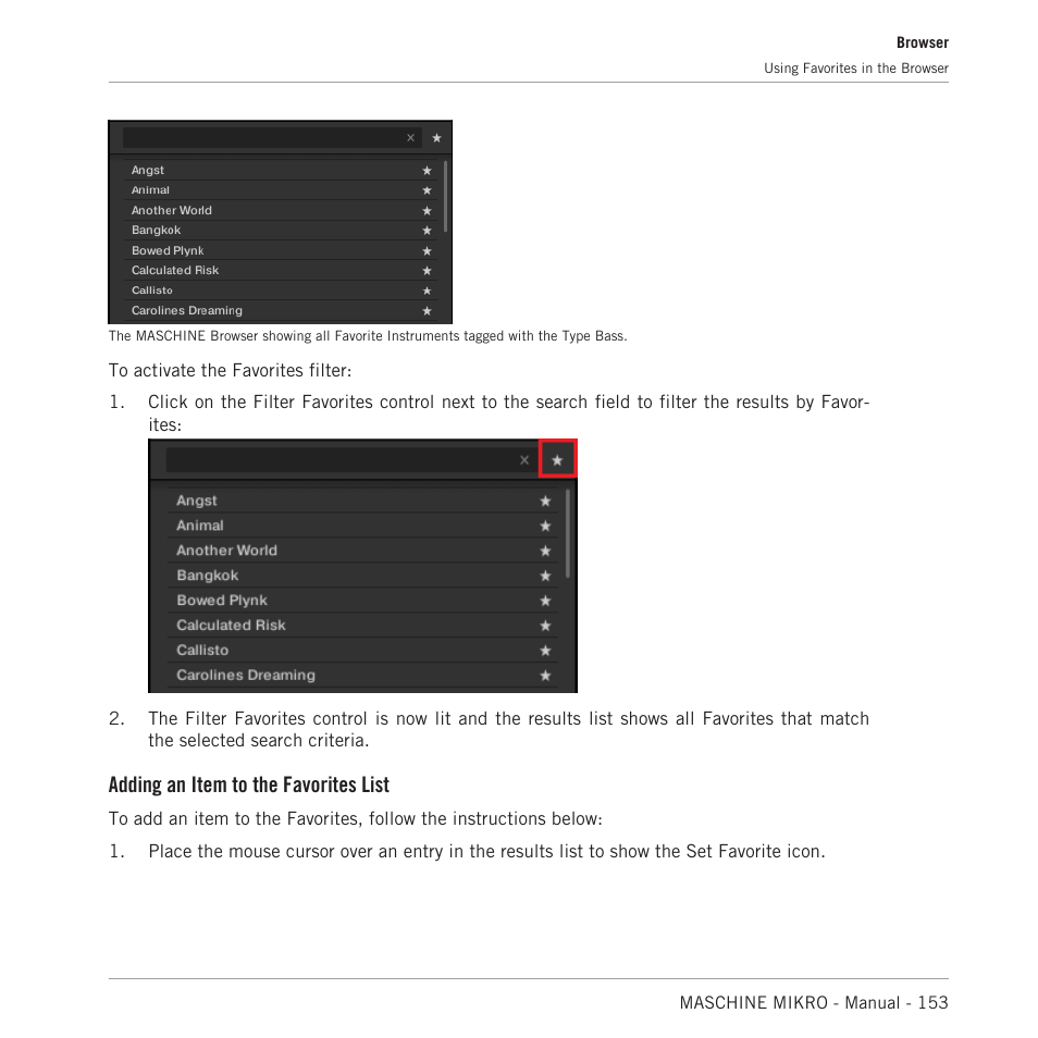 Adding an item to the favorites list | Native Instruments MASCHINE MIKRO MK3 Groove Production Studio (Black) User Manual | Page 153 / 807