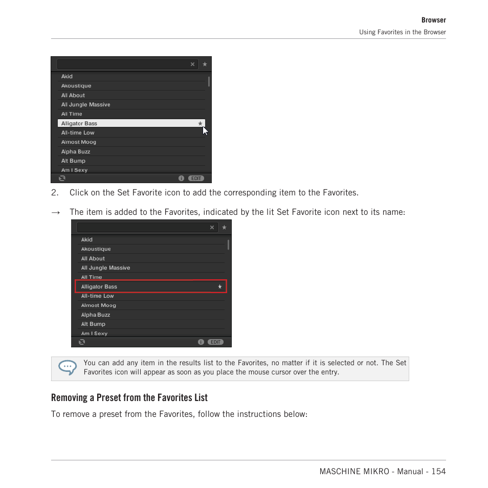 Removing a preset from the favorites list | Native Instruments MASCHINE MIKRO MK3 Groove Production Studio (Black) User Manual | Page 154 / 807