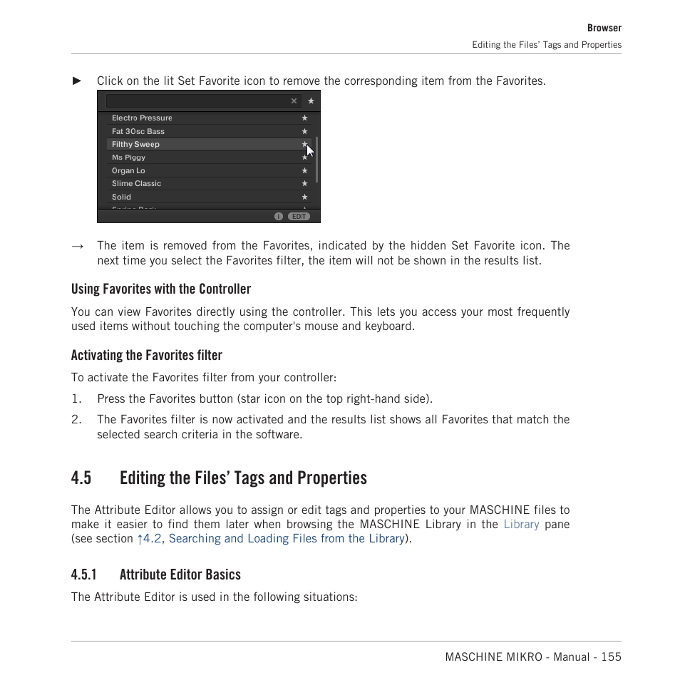 Editing the files’ tags and properties, Attribute editor basics, 5, editing | The files’ tags and properties, 5, editing the files’ tags and properties, 5 editing the files’ tags and properties, Using favorites with the controller, Activating the favorites filter, 1 attribute editor basics | Native Instruments MASCHINE MIKRO MK3 Groove Production Studio (Black) User Manual | Page 155 / 807