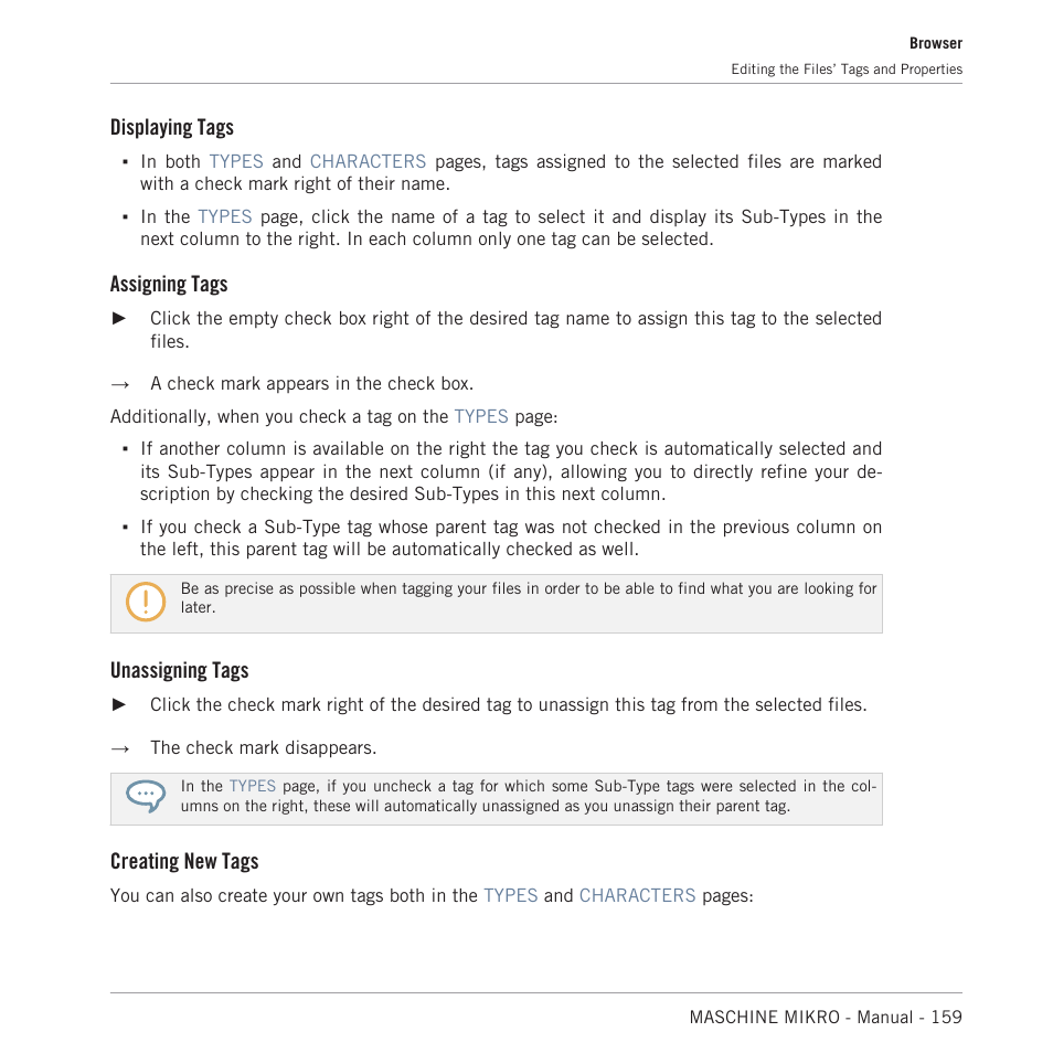 Displaying tags, Assigning tags, Unassigning tags | Creating new tags | Native Instruments MASCHINE MIKRO MK3 Groove Production Studio (Black) User Manual | Page 159 / 807