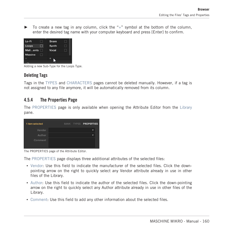 Deleting tags, 4 the properties page | Native Instruments MASCHINE MIKRO MK3 Groove Production Studio (Black) User Manual | Page 160 / 807