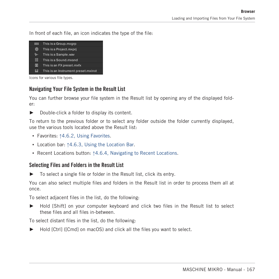 Navigating your file system in the result list, Selecting files and folders in the result list | Native Instruments MASCHINE MIKRO MK3 Groove Production Studio (Black) User Manual | Page 167 / 807