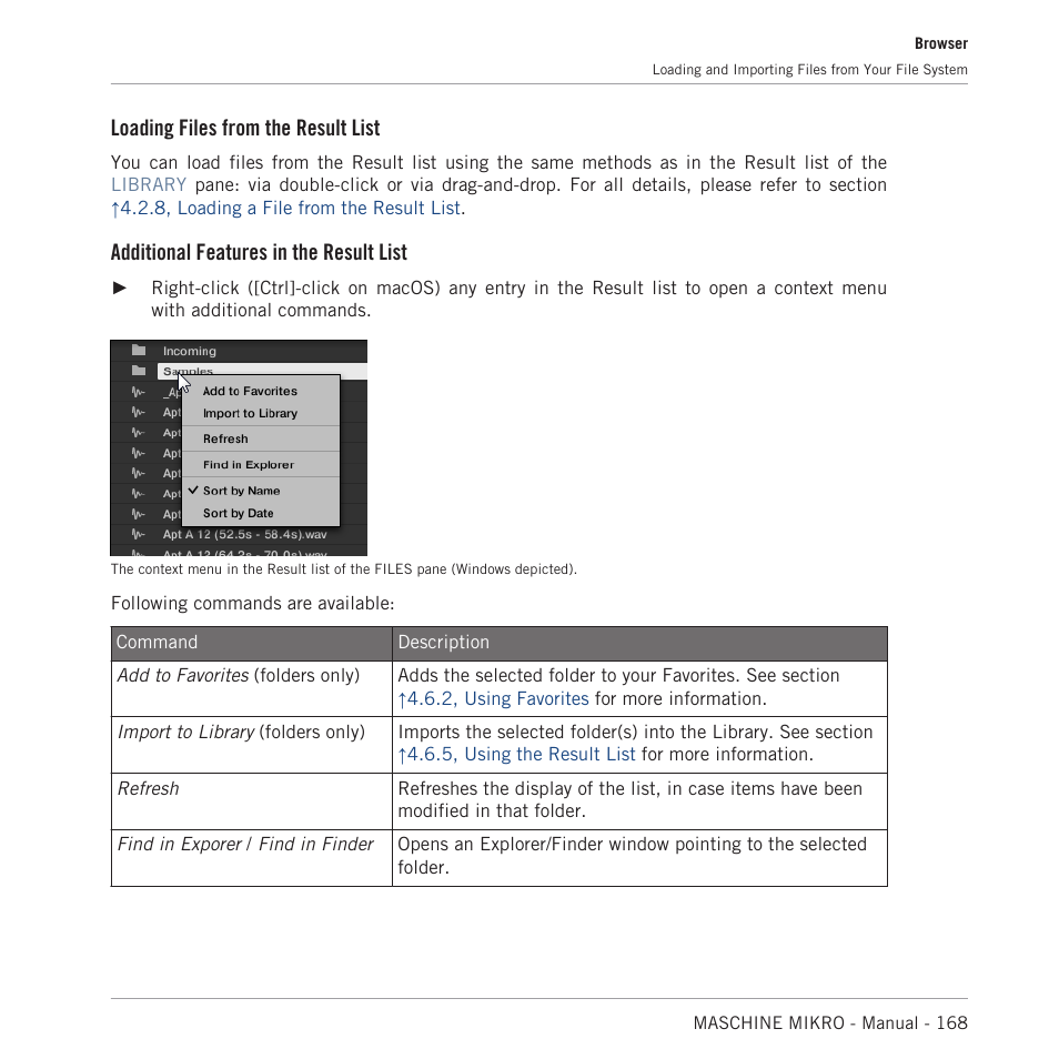 Loading files from the result list, Additional features in the result list | Native Instruments MASCHINE MIKRO MK3 Groove Production Studio (Black) User Manual | Page 168 / 807