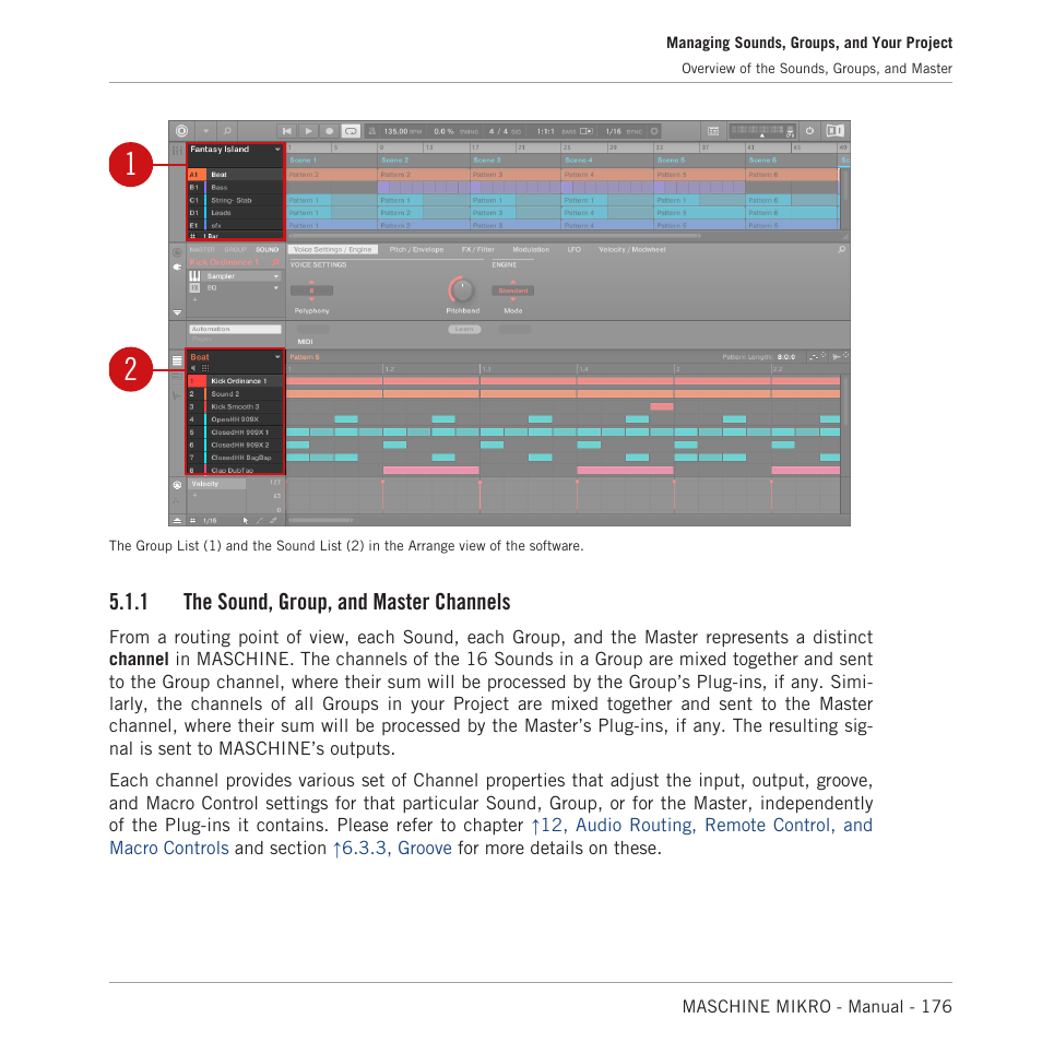 The sound, group, and master channels, 1 the sound, group, and master channels | Native Instruments MASCHINE MIKRO MK3 Groove Production Studio (Black) User Manual | Page 176 / 807