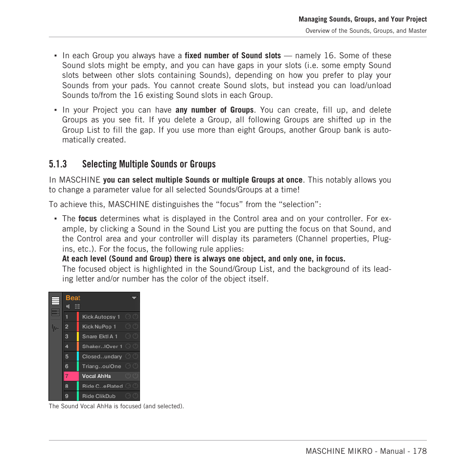 Selecting multiple sounds or groups, 3, selecting multiple sounds or groups, For more on this | 3 selecting multiple sounds or groups | Native Instruments MASCHINE MIKRO MK3 Groove Production Studio (Black) User Manual | Page 178 / 807