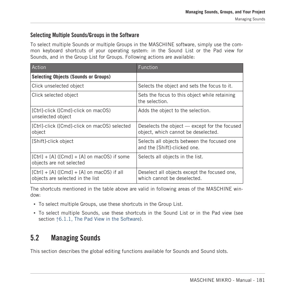 Managing sounds, 2, managing sounds, 2 managing sounds | Selecting multiple sounds/groups in the software | Native Instruments MASCHINE MIKRO MK3 Groove Production Studio (Black) User Manual | Page 181 / 807