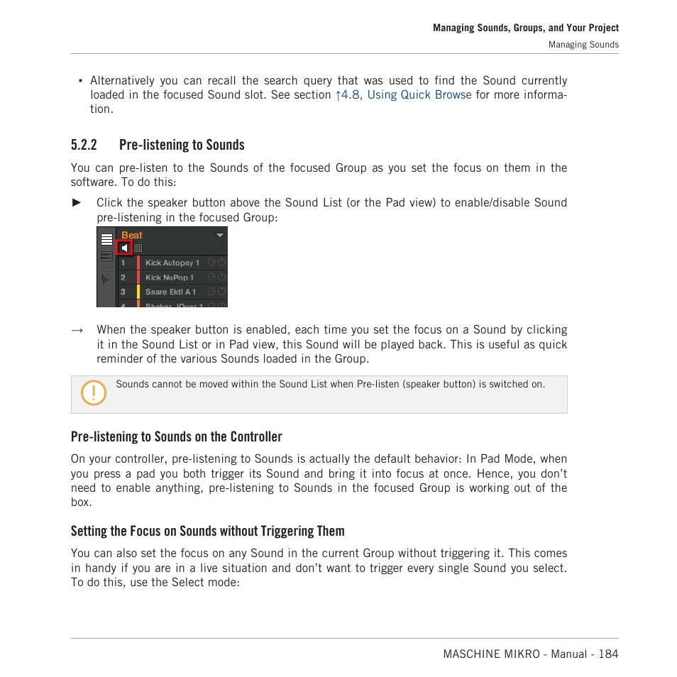 Pre-listening to sounds, 2 pre-listening to sounds, Pre-listening to sounds on the controller | Native Instruments MASCHINE MIKRO MK3 Groove Production Studio (Black) User Manual | Page 184 / 807