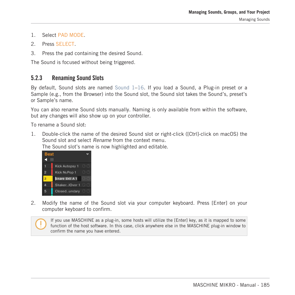 Renaming sound slots, 3 renaming sound slots | Native Instruments MASCHINE MIKRO MK3 Groove Production Studio (Black) User Manual | Page 185 / 807