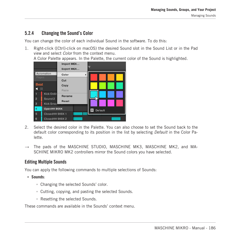 Changing the sound’s color, 4, changing, The sound’s color | 4 changing the sound’s color, Editing multiple sounds | Native Instruments MASCHINE MIKRO MK3 Groove Production Studio (Black) User Manual | Page 186 / 807