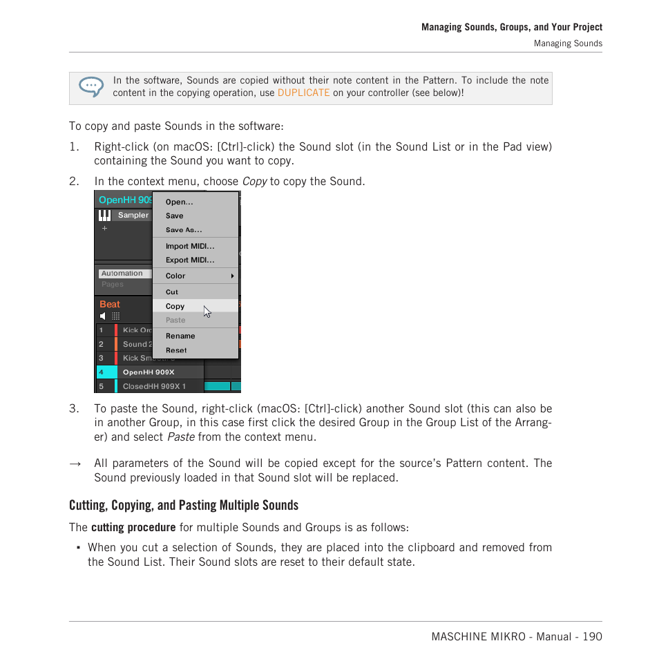 Cutting, copying, and pasting multiple sounds | Native Instruments MASCHINE MIKRO MK3 Groove Production Studio (Black) User Manual | Page 190 / 807