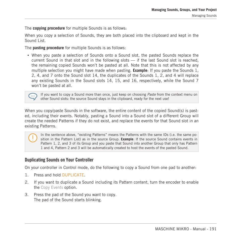 Duplicating sounds on your controller | Native Instruments MASCHINE MIKRO MK3 Groove Production Studio (Black) User Manual | Page 191 / 807