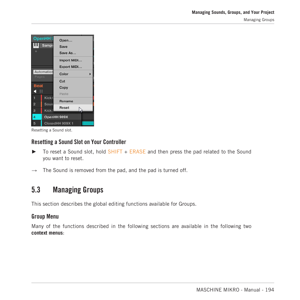 Managing groups, 3, managing groups, 3 managing groups | Resetting a sound slot on your controller, Group menu | Native Instruments MASCHINE MIKRO MK3 Groove Production Studio (Black) User Manual | Page 194 / 807