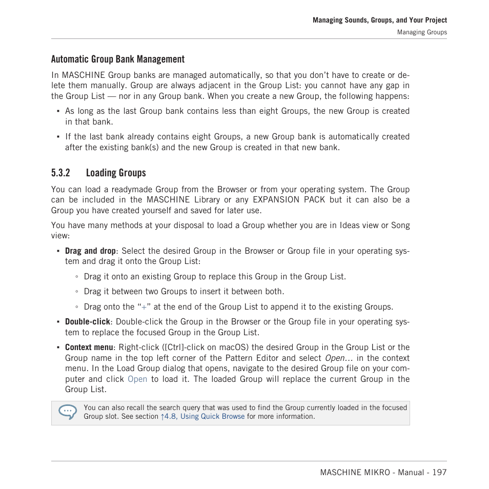 Loading groups, Automatic group bank management, 2 loading groups | Native Instruments MASCHINE MIKRO MK3 Groove Production Studio (Black) User Manual | Page 197 / 807