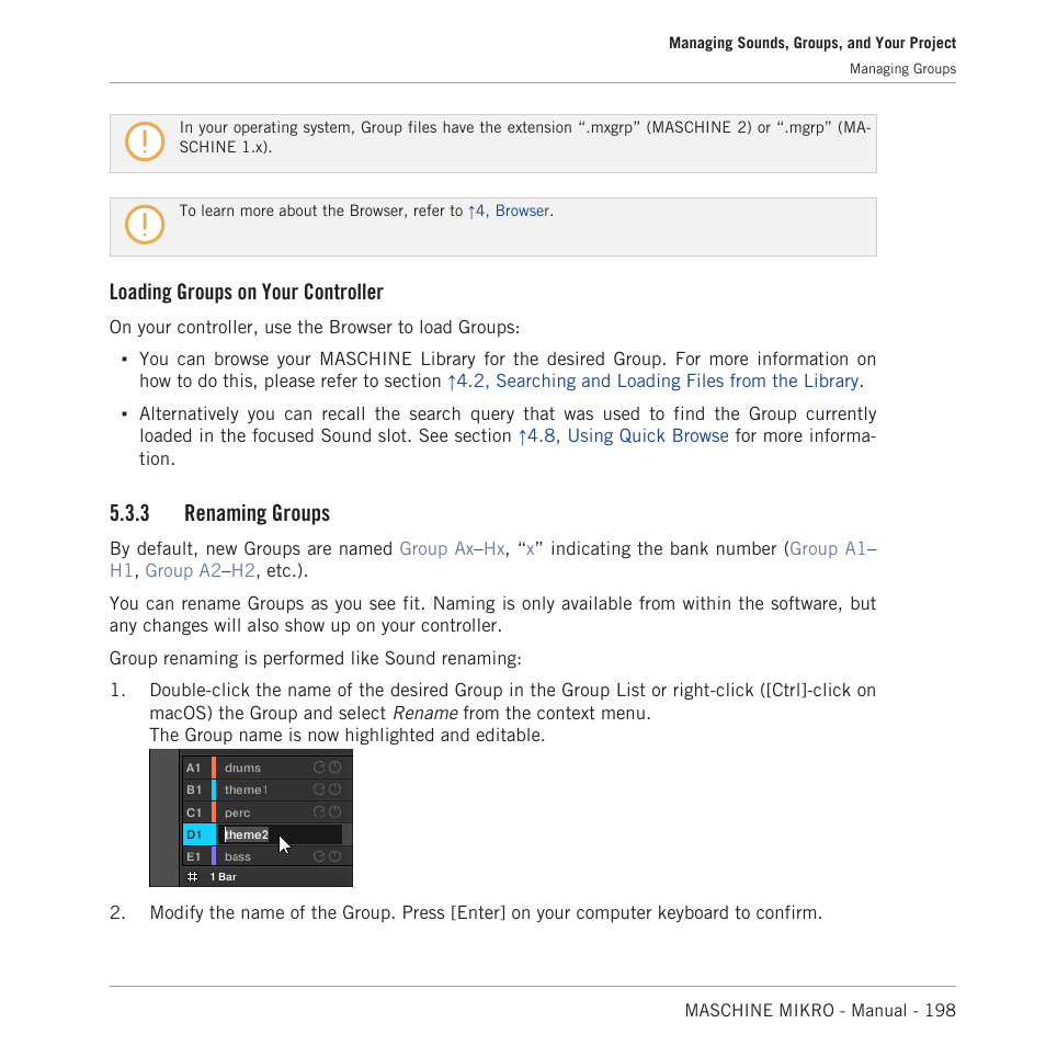 Renaming groups, Loading groups on your controller, 3 renaming groups | Native Instruments MASCHINE MIKRO MK3 Groove Production Studio (Black) User Manual | Page 198 / 807