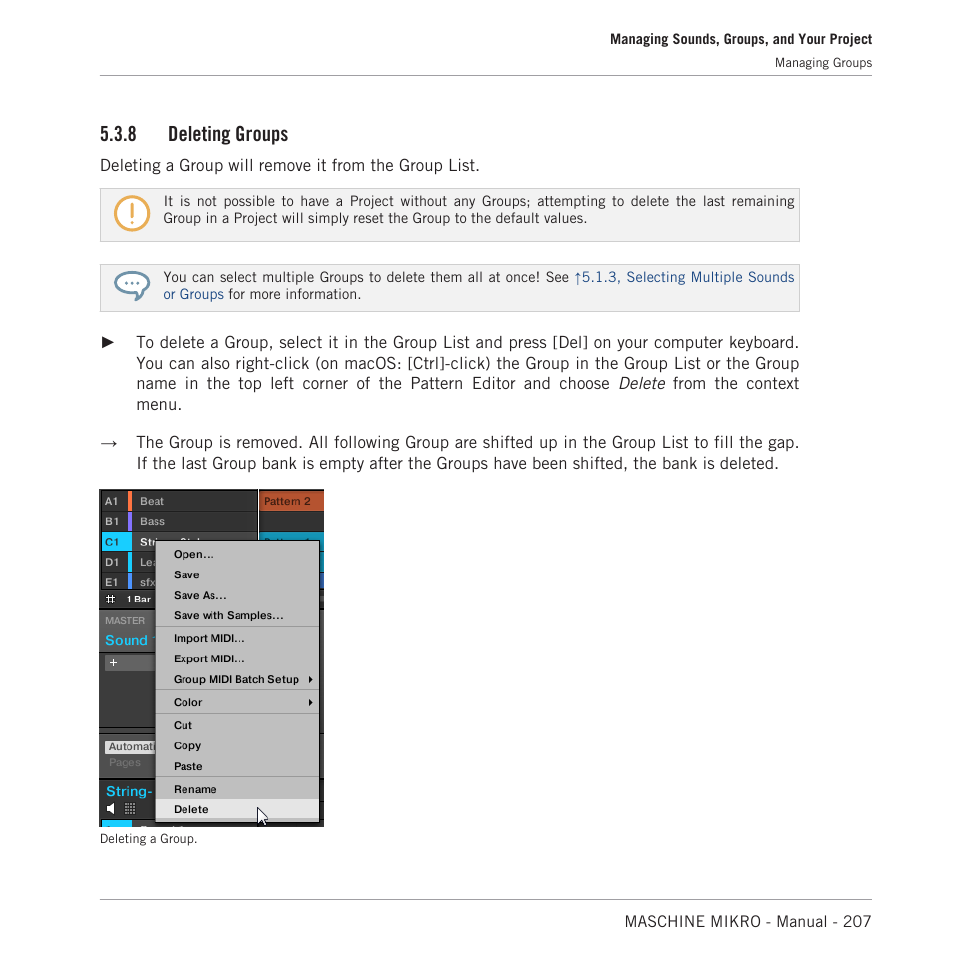 Deleting groups, 8, deleting groups, 8 deleting groups | Native Instruments MASCHINE MIKRO MK3 Groove Production Studio (Black) User Manual | Page 207 / 807